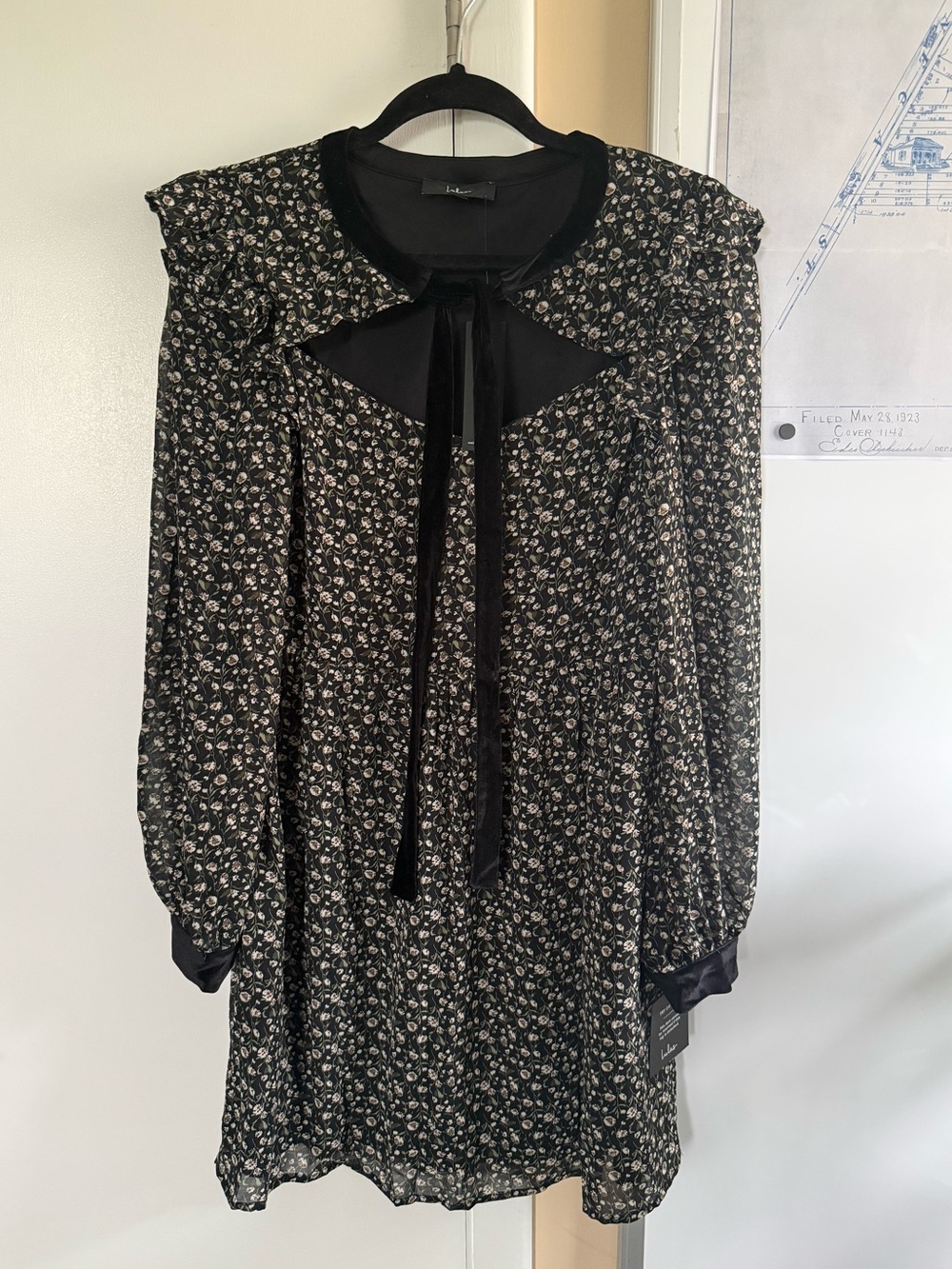 Black Floral Tie-Neck Dress